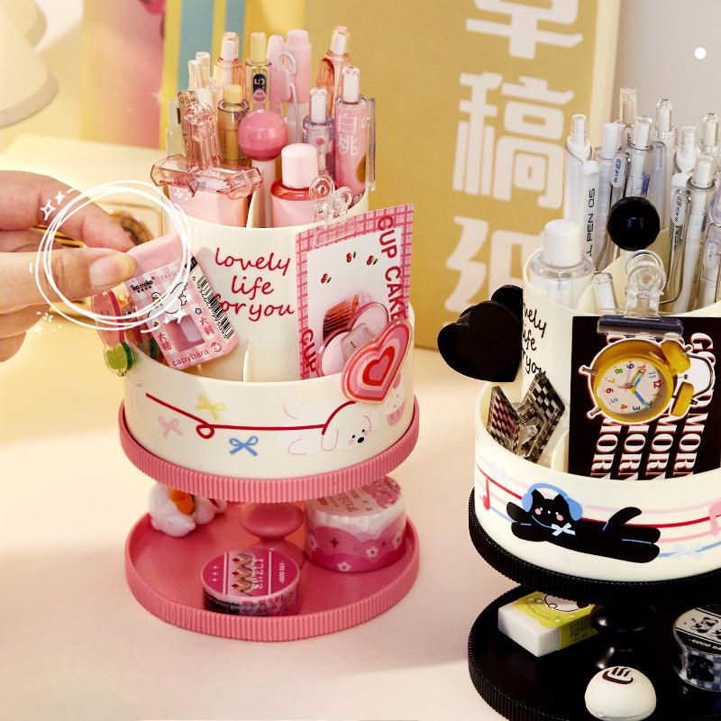 Cartoon Puppy Pen Holder Storage Box with Free Stickers INS Style Large Capacity Rotatable Storage Box for Students Desktop New