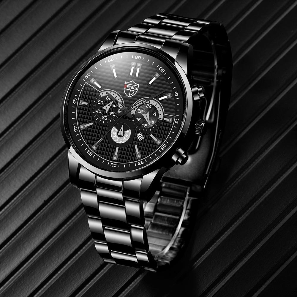 DEYROS Fashion Men's Calendar Steel Strap Watch Men's Casual Fake Three Eyes Quartz Wristwatch, Best Choice for Men's Gifts