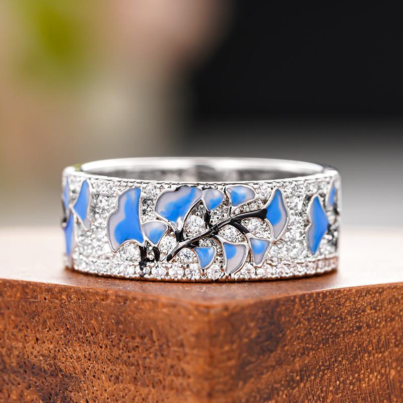 CopperBlue Flower Finger Ring for Women AAA Cubic Zirconia Accessories for Anniversary Delicate Jewelry for Women