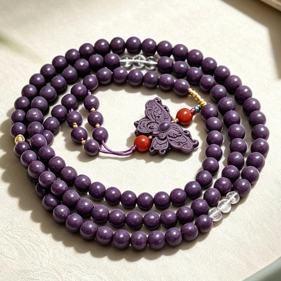 8mm Purple Qi Dong Lai Incense Bead Bracelet with Butterfly Pendant