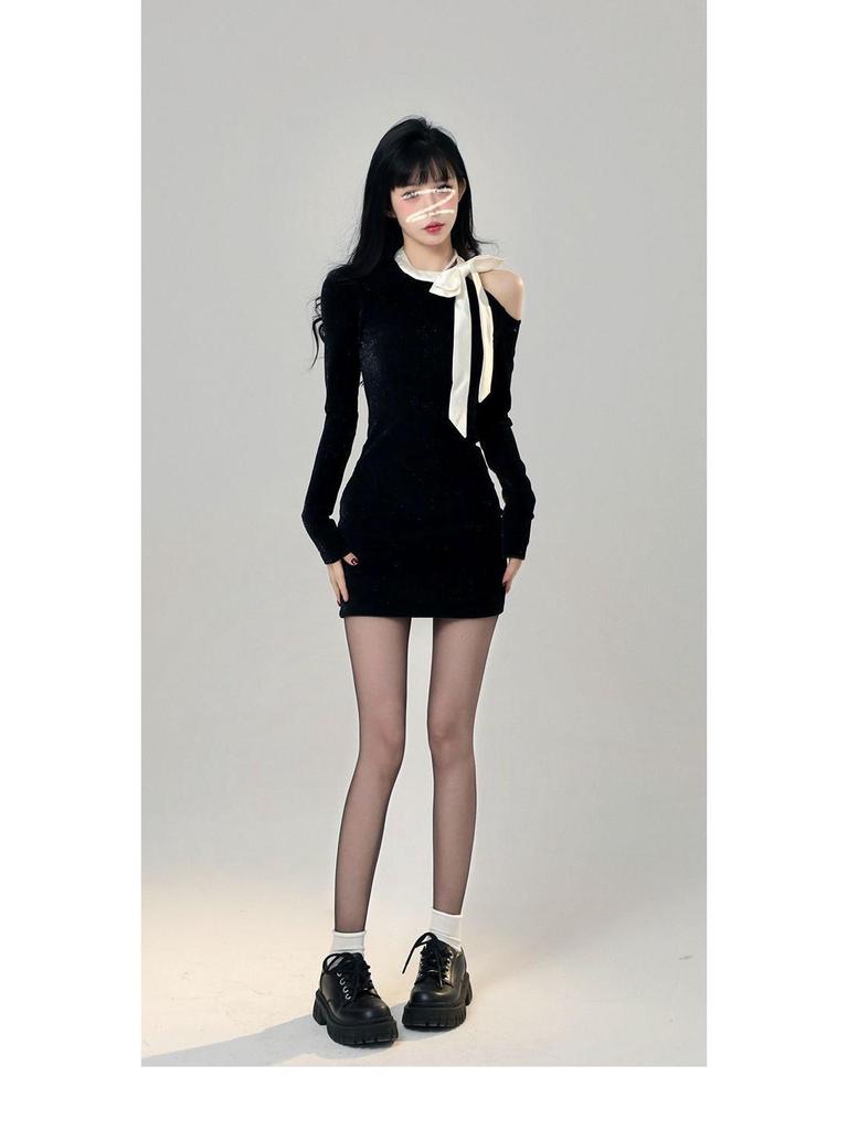 French Black Off-Shoulder Bow Knit Dress – Women's Slimming Hip-Hugging Short Skirt for Spring & Autumn
