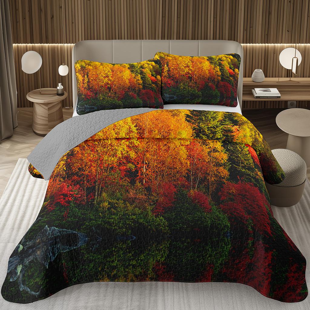 Fall Leaves Bedspread Set Queen/Twin, Autumn Maple Leaf Quilt Set, Soft Lightweight Botanical Coverlet, Rustic Farmhouse Bedding