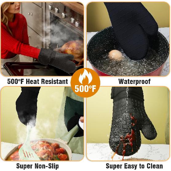 Silicone Oven Mitts Heat Resistant Oven Gloves with Non-Slip Waterproof Soft Lining Silicone Oven Mitt for Potholders Cooking Baking Kitchen Mitten,