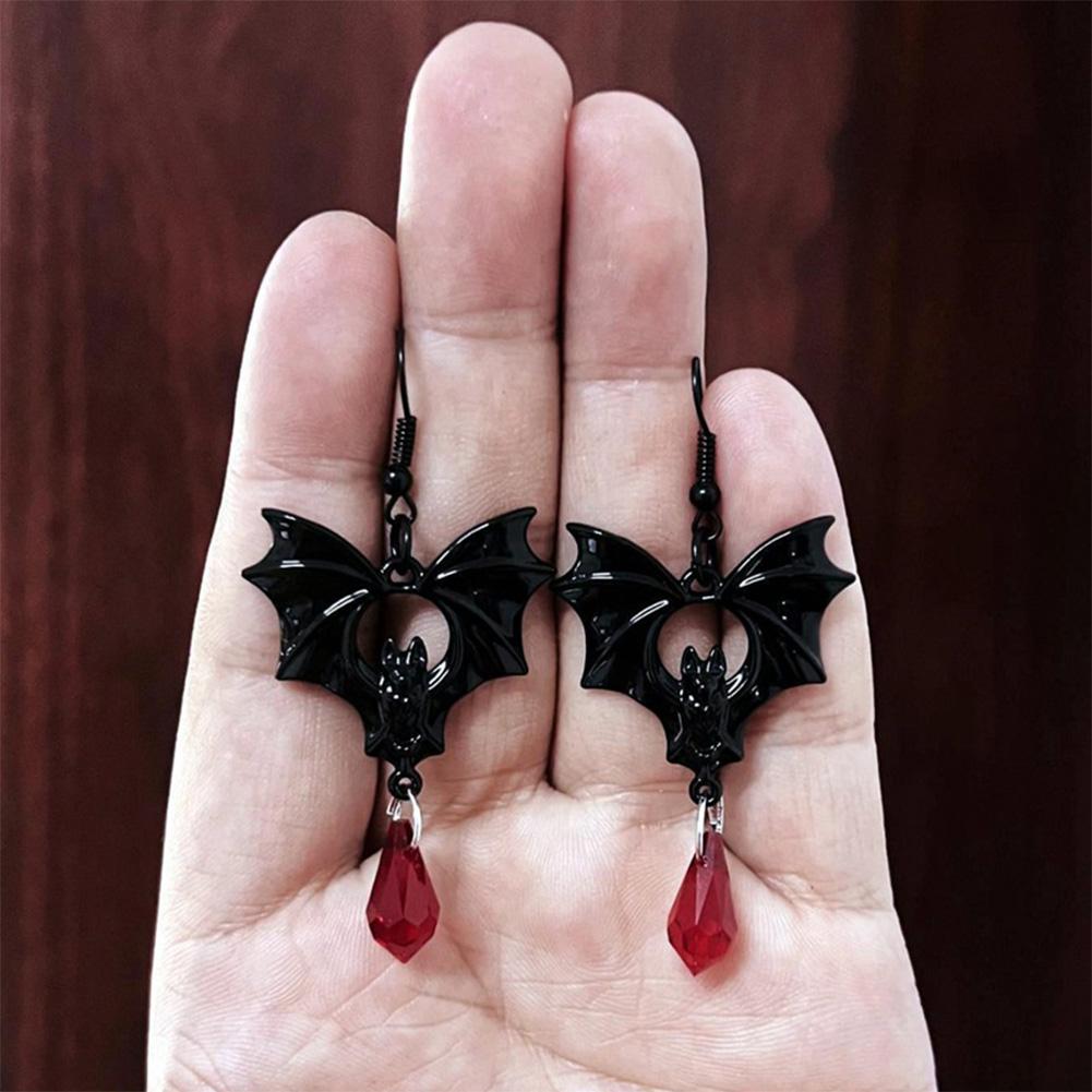 Gothic Vampire Bat Earrings Retro Dark Red Crystal Drop Earrings for Women Man Fashion Witch Jewelry Halloween Accessories Gifts