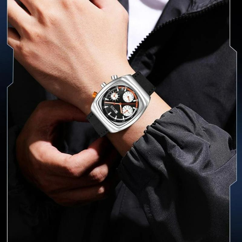 Square Dial Chronograph Quartz Watches for Men Fashion Leather Strap Casual Sport Wristwatch with Date Display Waterproof Luminous