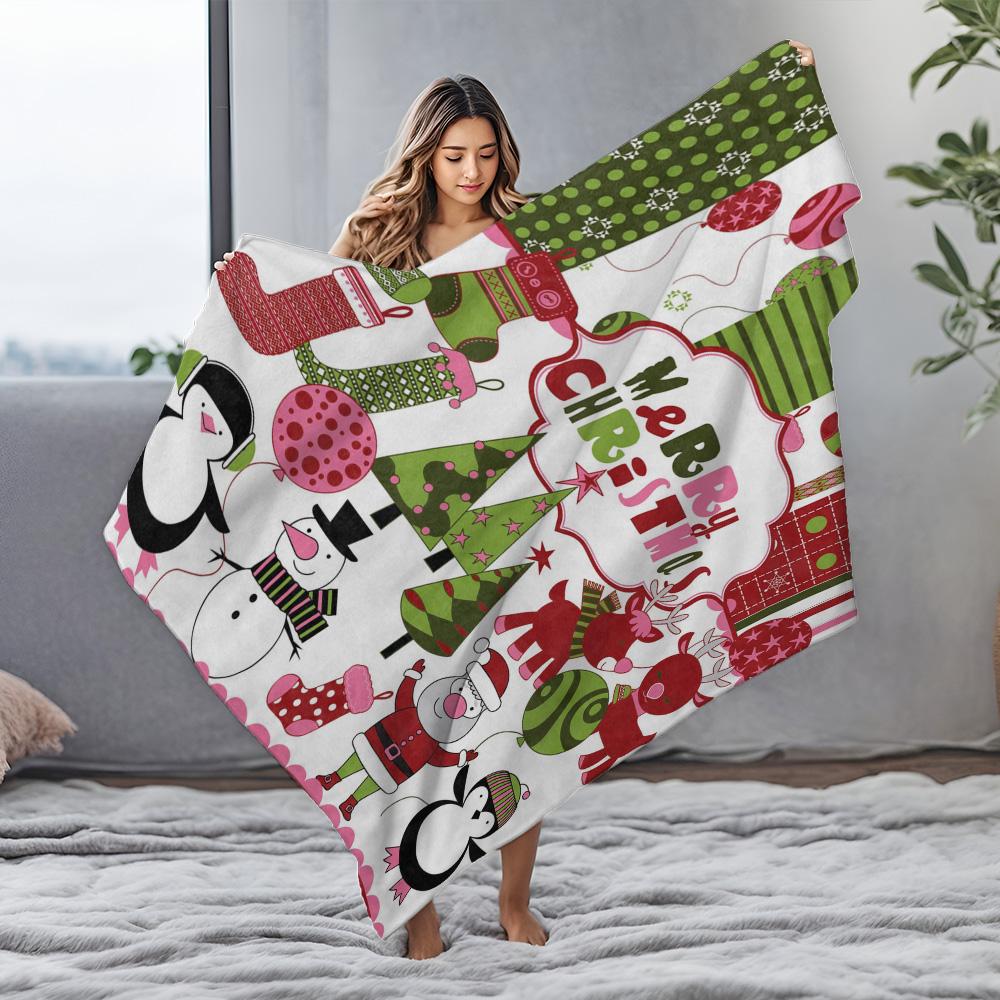 Festive Christmas Throw Blanket Cozy Reindeer Snowman Holiday Flannel Blanket Soft Warm Decorative Gift Home Decor