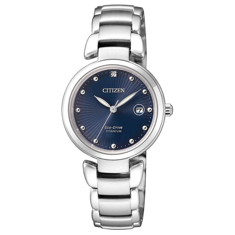 

CITIZEN 50 meters waterproof, solar Quartz, titanium strap, , 29mm women s watch, blue dial EW2500-88L синій