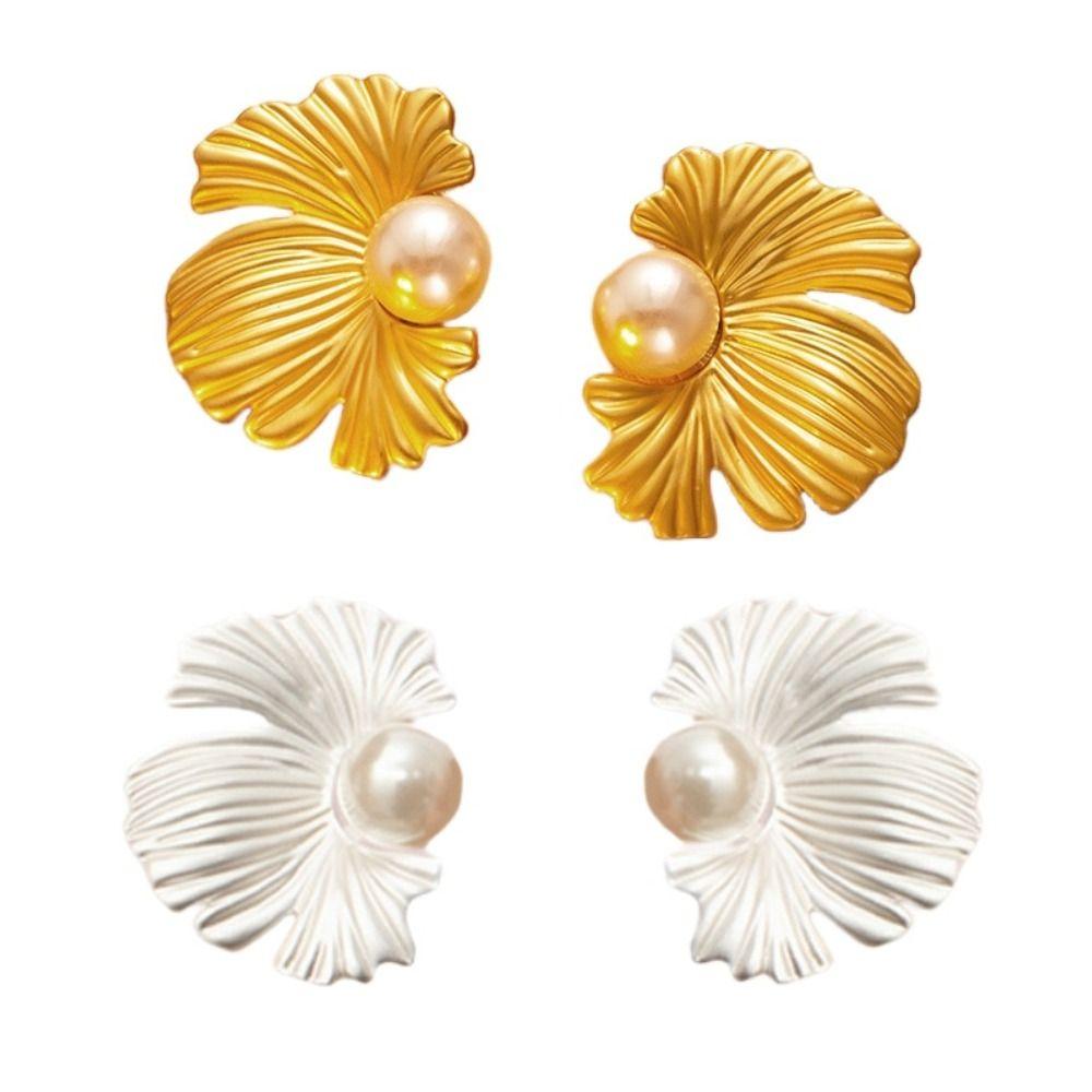 Solid Color Pearl Ear Studs Elegant Flower Earrings Jewelry Fashion Ginkgo Leaf Earrings  Gift