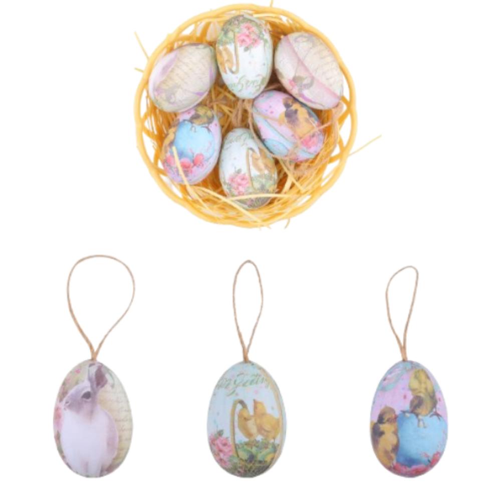 6pcs Foam Painted Easter Eggs Pendant with Basket Butterfly Egg Hanging Ornament  Home Decoration