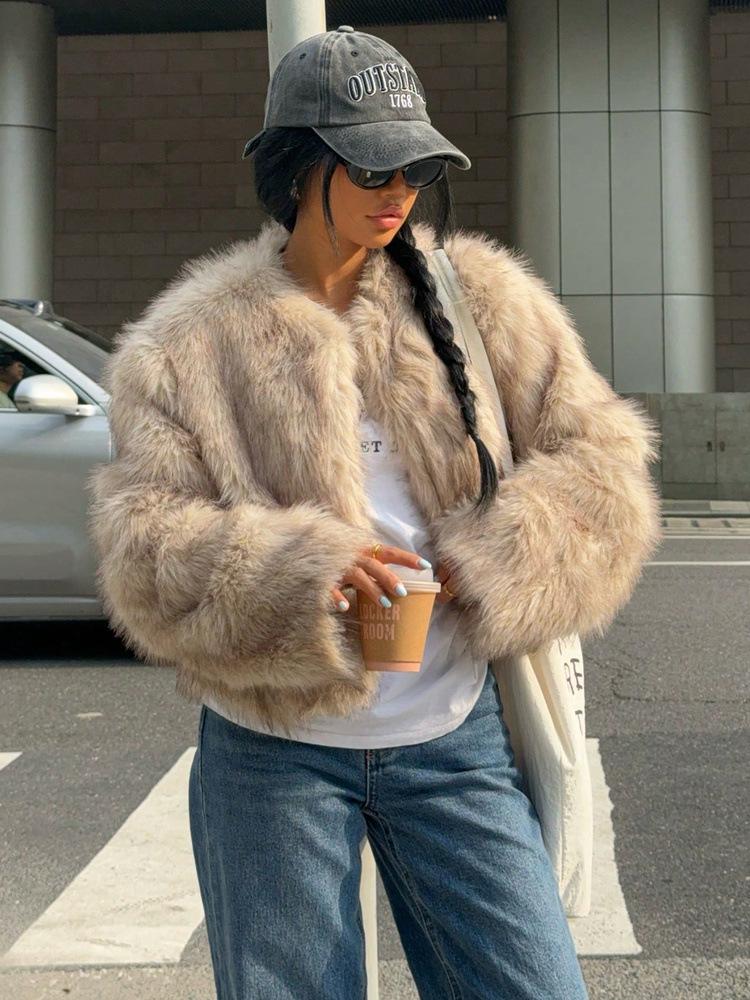 European and American fur jacket imitation fox hair fashionable winter clothing thickened warm long-sleeved short cardigan fur jacket