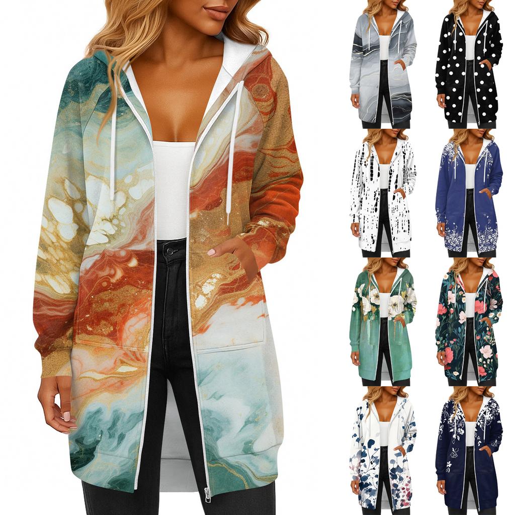 Women's Fashionable Printed  Long Sleeved Drawstring Hooded Zipper Pocket Long Casual Sweatshirt Jacket