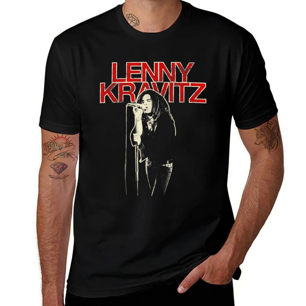 Lenny Kravitz Red Logo Mic Pose TShirt Basic Solid Color Short Sleeve TShirt