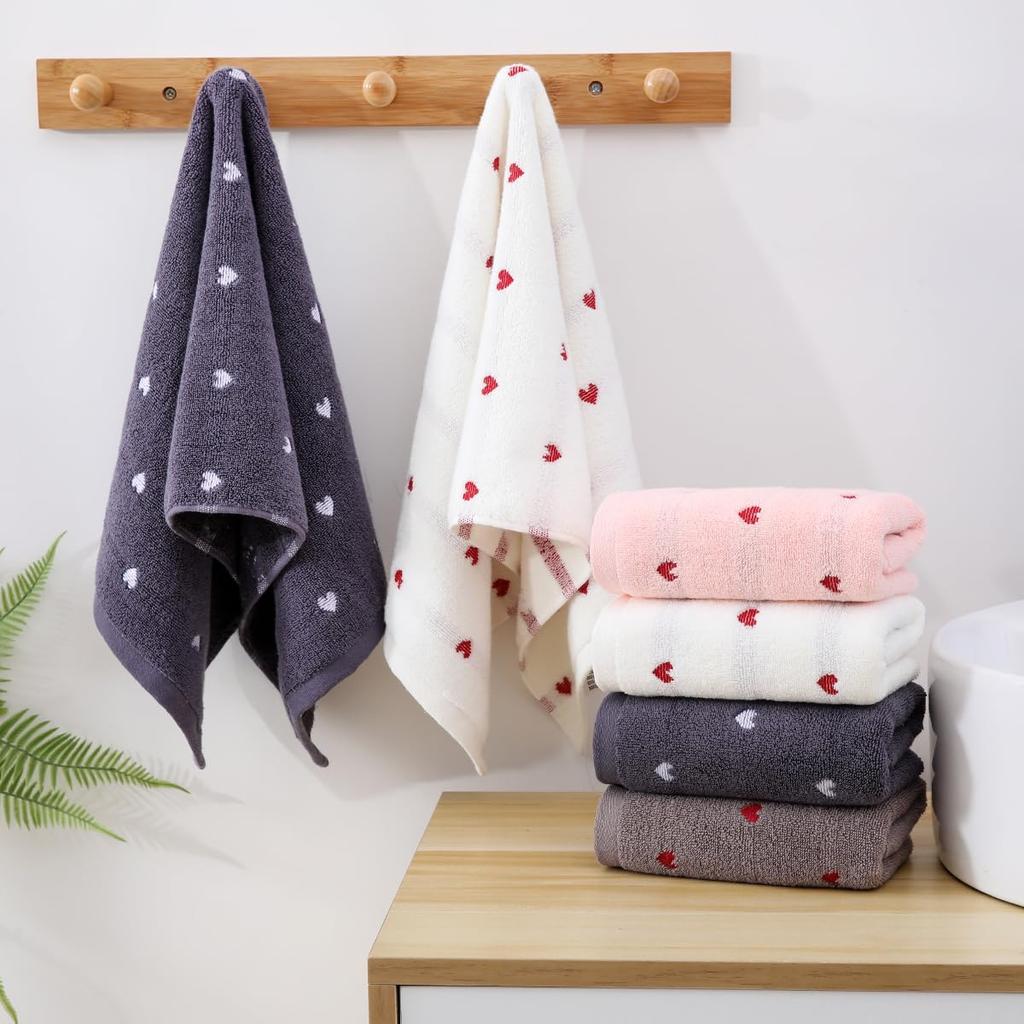 Cute Heart-patterned Face Towels, 100% Cotton, Towel Set, Gentle On Skin, Fast Absorbency, Fluffy, Soft, Fade-resistant, Minimal Lint (heart Pattern,