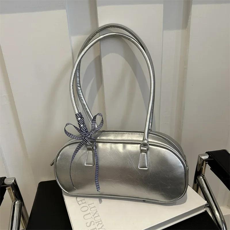 Large Capacity Silver Bag Women Portable Pillow Bag All-Match Shoulder Underarm Bag Women'S Handbag Casual Boston Commuting Bags