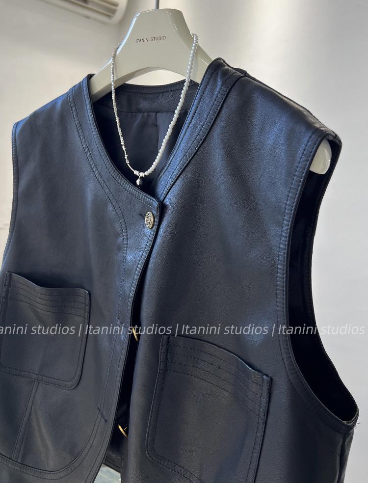 Women's PU Leather Motorcycle Vest - Short Sleeveless Waistcoat, 2025 Autumn Korean Style Outerwear