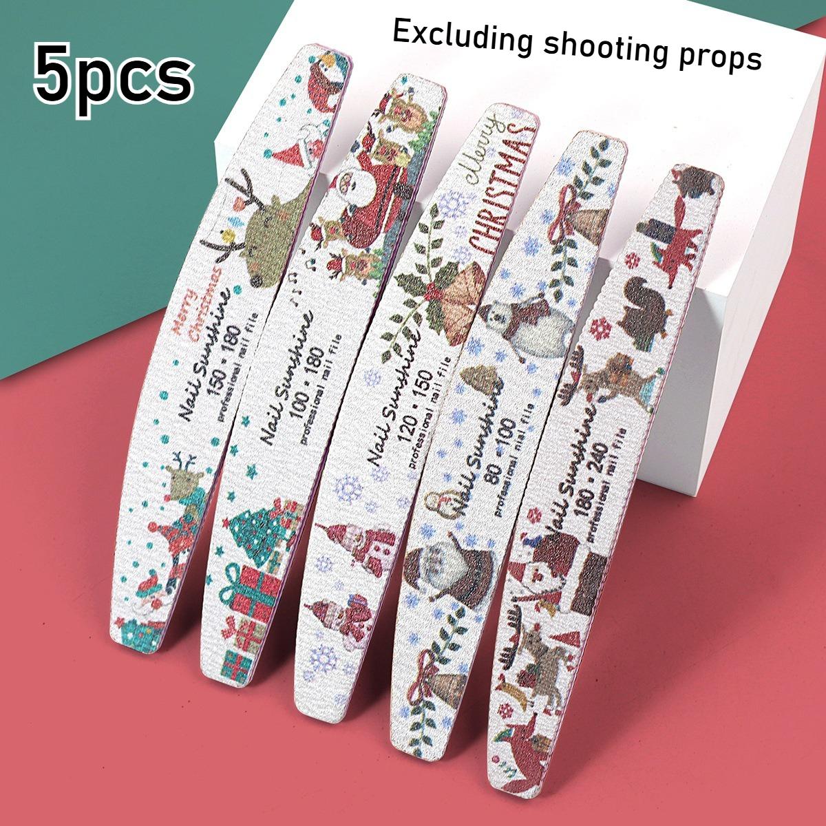 

5pcs Christmas Nail File, Cute Santa and Reindeer Print Nail Art Tools, Double-Sided Polishing and Washable Nail Art Nail Files
