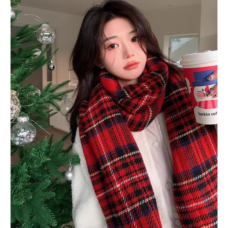Red Atmosphere Scarf Women Winter New Year Gifts Korean Version of Classic Plaid Student Couple Warm Scarf Tide