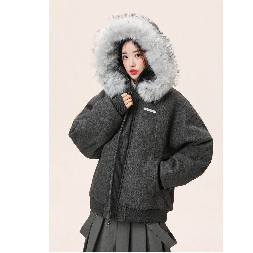 Men's Winter Wool Coat with Large Fur Collar - Mountain Eagle Hooded Heavyweight Jacket