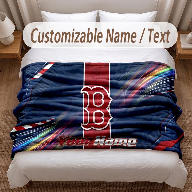 Boston Red Sox Printed Flannel Blanket Custom Name Text Soft Warm Throw For Bedroom Holiday Gift