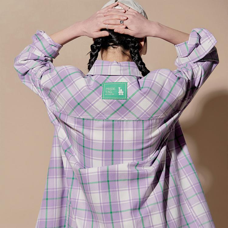 MLB Los Angeles Dodgers Color Block Plaid Button Casual Loose Fashion Woven Long Sleeve Shirt Unisex Shirts 3AWS00221-07LDL