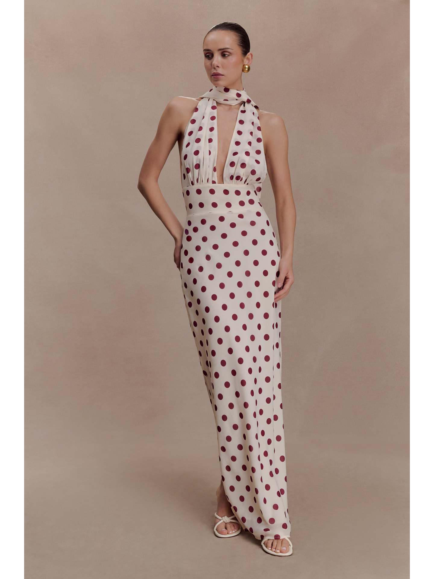 2026 European & American Chic Backless Polka Dot Lace-up Slim Long Dress XL