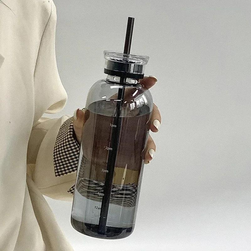 300-750ml Double Lid Water Bottle High Borosilicate Glass Water Cup with Straw Korean Portable Milk Juice Cup with Time Marker