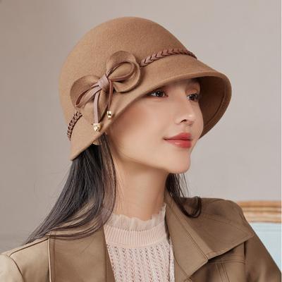 100% vlněná plsť s mašlí Vlněná plstěná čepice Dámské podzimní zimní čepice Cloche Elegantní banket Fedora