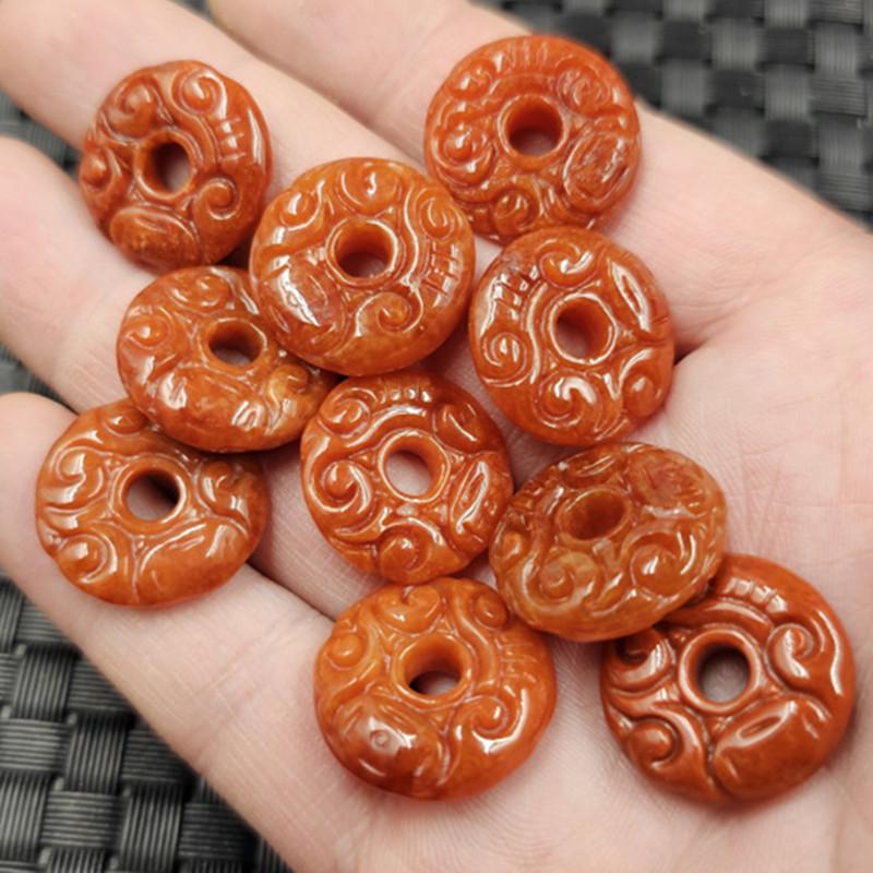 Emerald Green & Red Jade Ruyi Knot Double-Sided Carved Pendant Jewelry Set