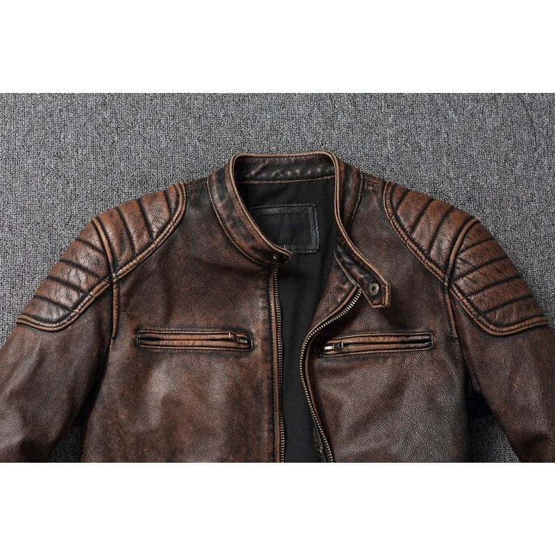 Chinese Size Vintage Yellow Brown Real Cowhide Genuine Leather Jacket Men Motorcycle Coat Mens Biker Clothes Spring Autumn Asian Size 6XL