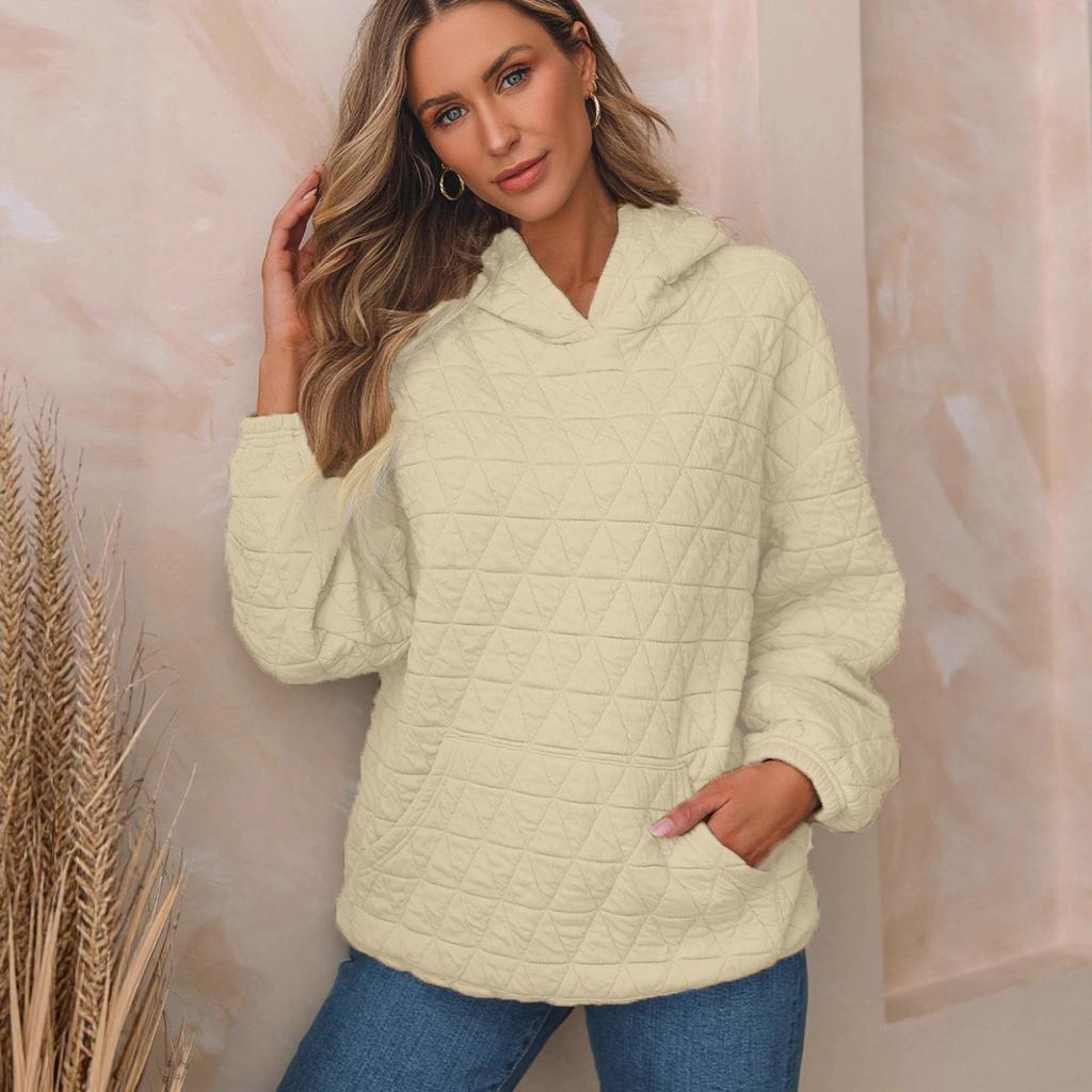 Women Solid Triangle Quilted Hoodie Loose Long Sleeve Front Pocket Pullover Sweatshirt S-5XL Fall Winter Casual Top