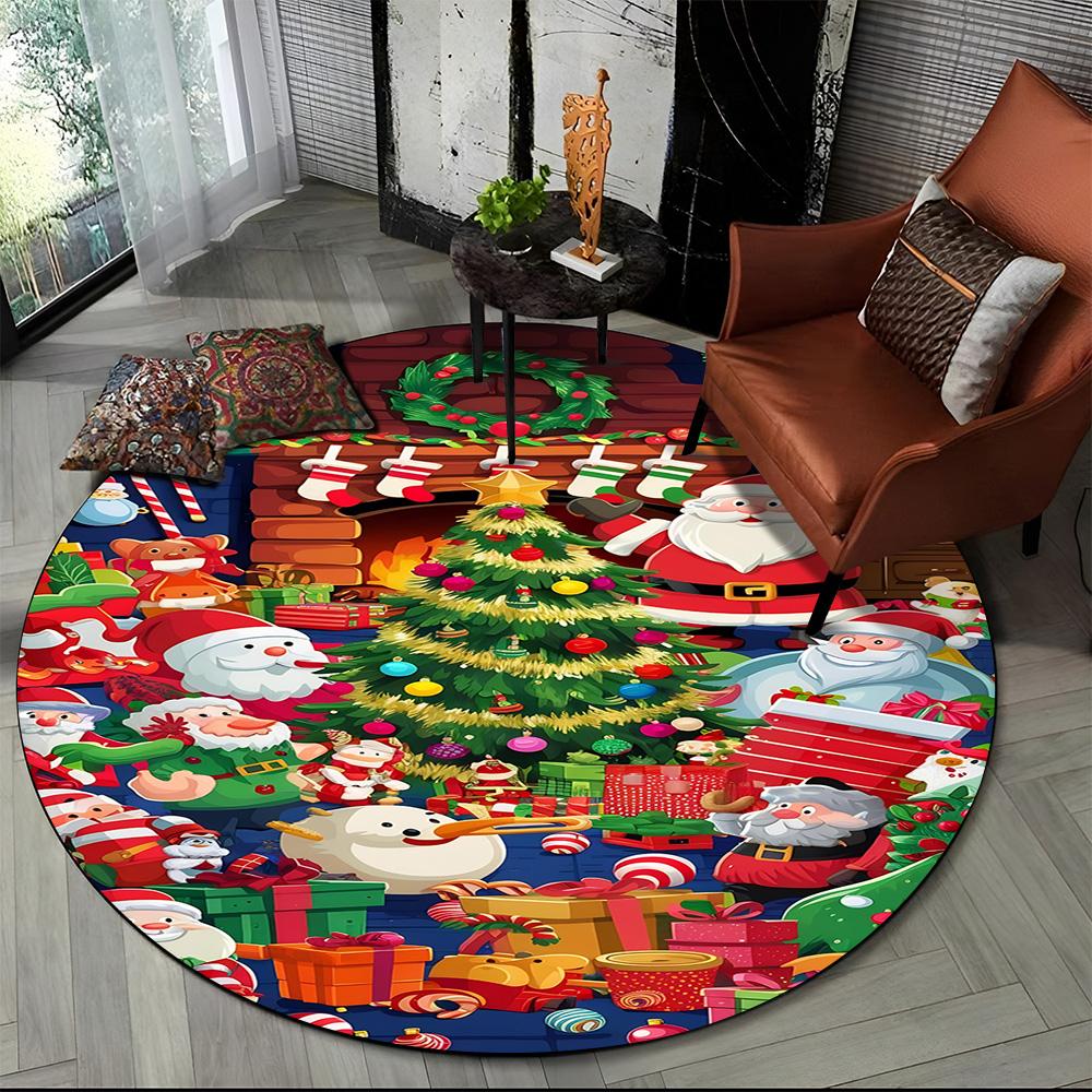 Merry Christmas Cartoon Santa Claus Snowman New Year Round Carpet Rug for Bedroom Living Room Sofa Decoration,Decor Floor Mat