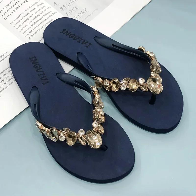 

Fashion 2025 Comfortable and Fashionable All-match Beach Shoes Non-slip Soft Bottom Casual Flip-flops Rhinestone Chain Flat Slippers 35