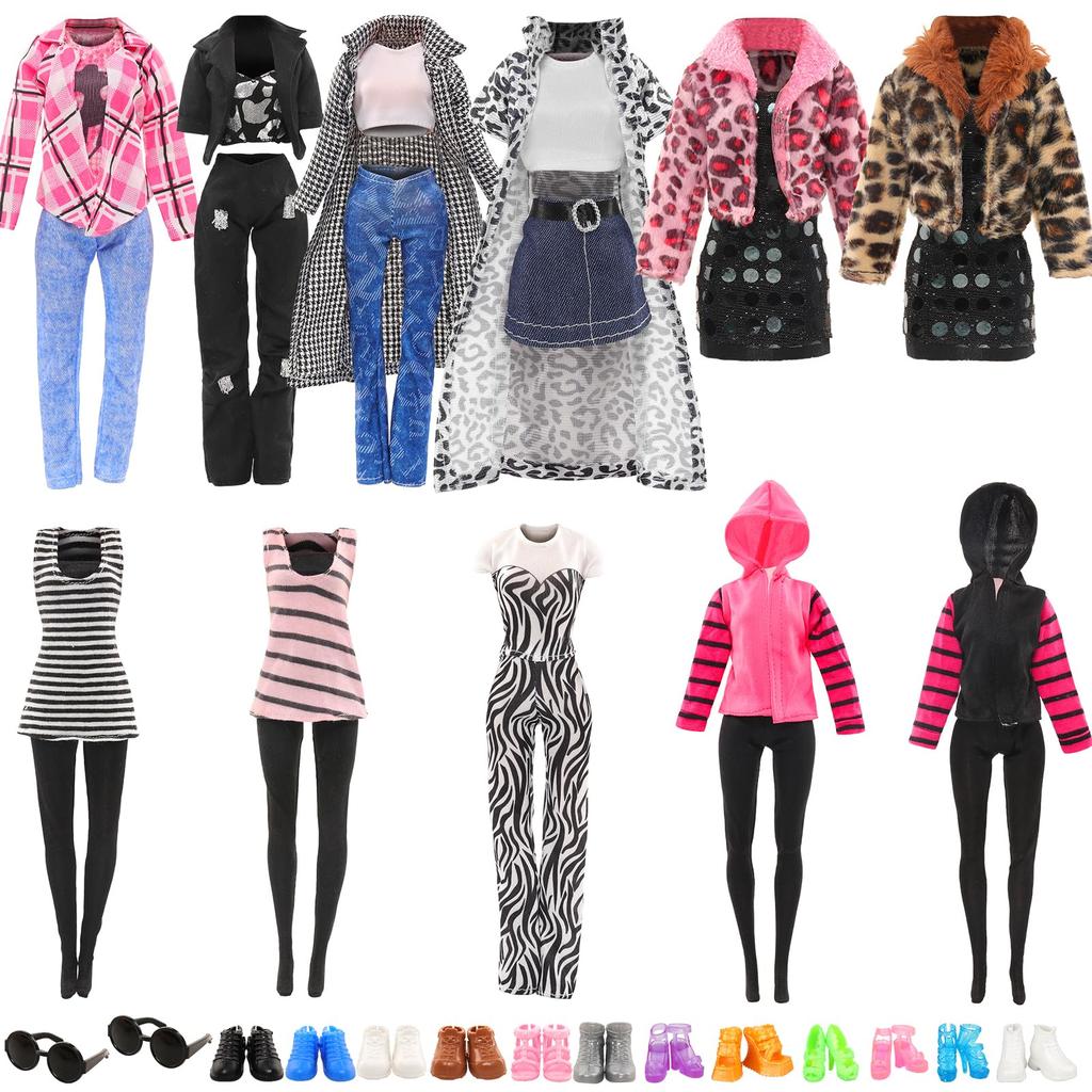 Barwawa 30cm Doll Clothes, Doll Dresses, 17-Piece Set 2 Outfit Sets + 3 Dress Sets + 10 Pairs of Shoes + 2 Glasses, Suitable for 16 Scale Dolls