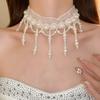 White Pearl Lace Choker Creative Mesh Neck Jewelry Adjustable Tassel Beads Necklace  Bride