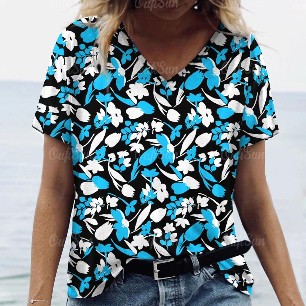 Summer Women Floral Print T-shirt Fashion Tops Tees Female Daily Casual V-Neck Short Sleeve Clothing Ladies Stylish Streetwear