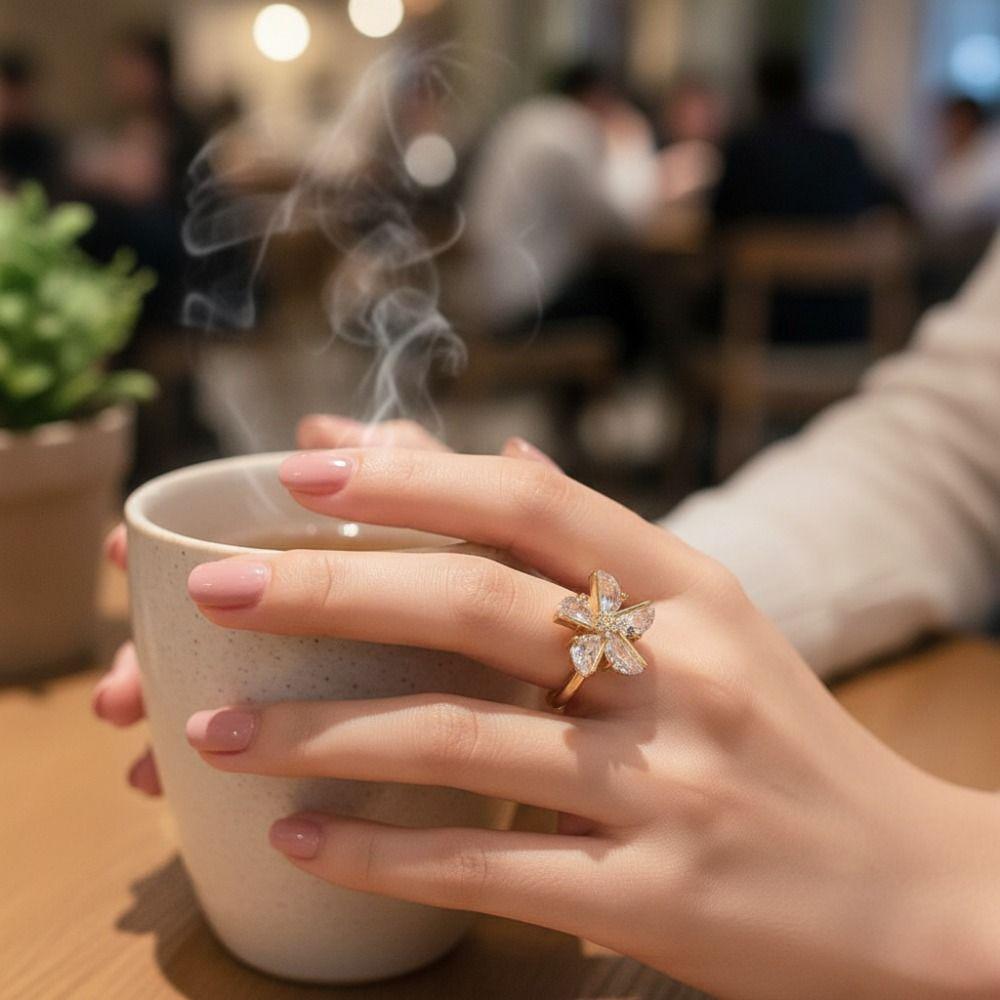 Zircon Rotatable Ring Adjustable Crystal Flower Ring Temperament Flower Opening Ring Daily Wear