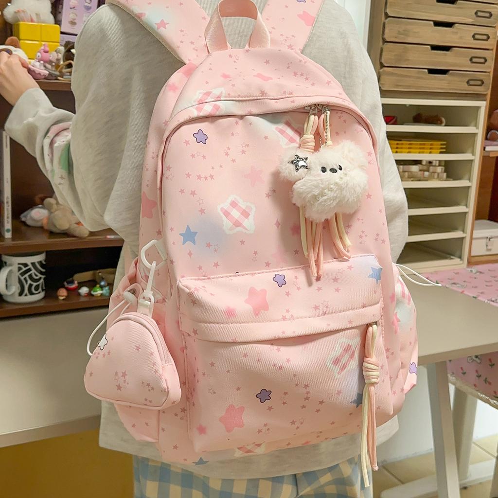 Schoolbag New Macaron Star Printed Backpack Middle School Girl Sweet School Bag Large Capacity Lightweight Backpack