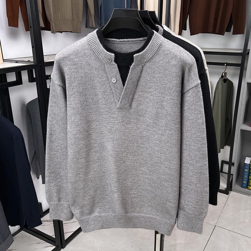 American Lazy Style Men's Patchwork Knitwear: Thick Warm Two-Piece Look Sweater for Autumn/Winter