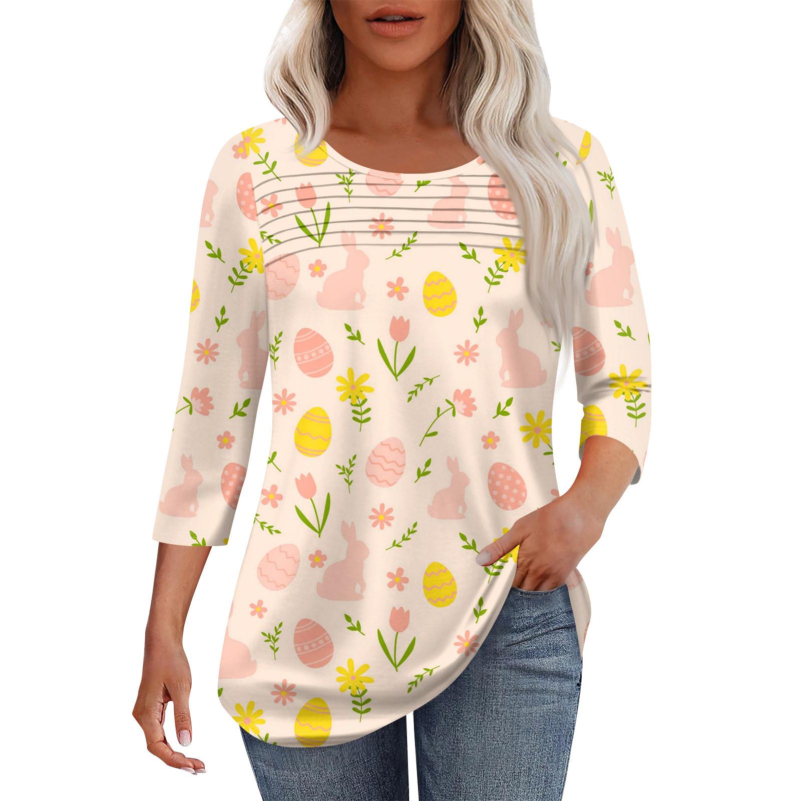 

Женская мода круглый вырез шея плиссированная передняя планка с принтом рукав 3/4 топ L розовый