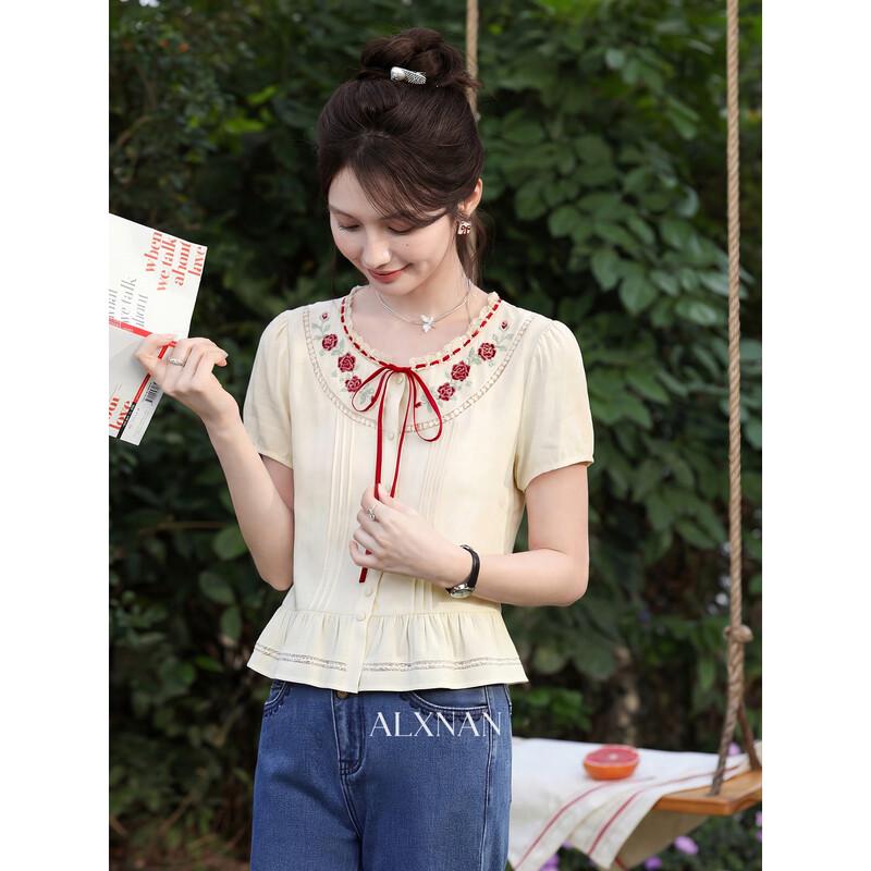 Deer Xiangnan Women s Elegant Apricot Short Sleeve Blouse L