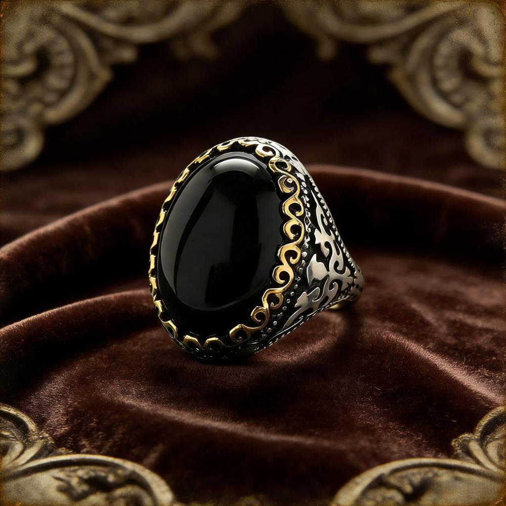 Vintage Men‘s Obsidian Signet Ring, 13x18mm Black Gemstone Set In Antiqued Silver, Masonic Style Bold Jewelry for Him