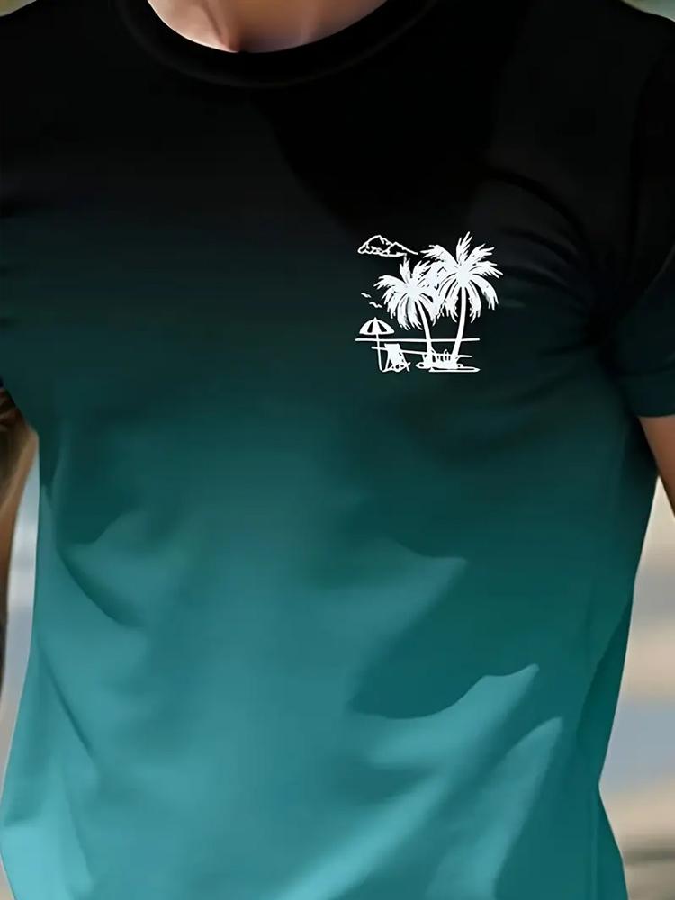 Men's Casual Summer Graphic T-Shirt Lightweight Polyester Round Neck Regular Fit Vibrant Palm Tree Print