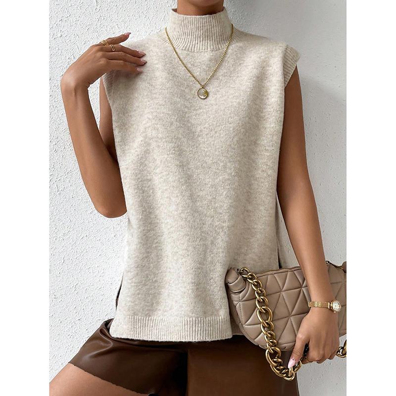 

Зимний Свободный Бежевый Женский Свитер Модный Водолазка Безрукавный Свитер Жилет Повседневный Классический Пуловер Топ Женский L