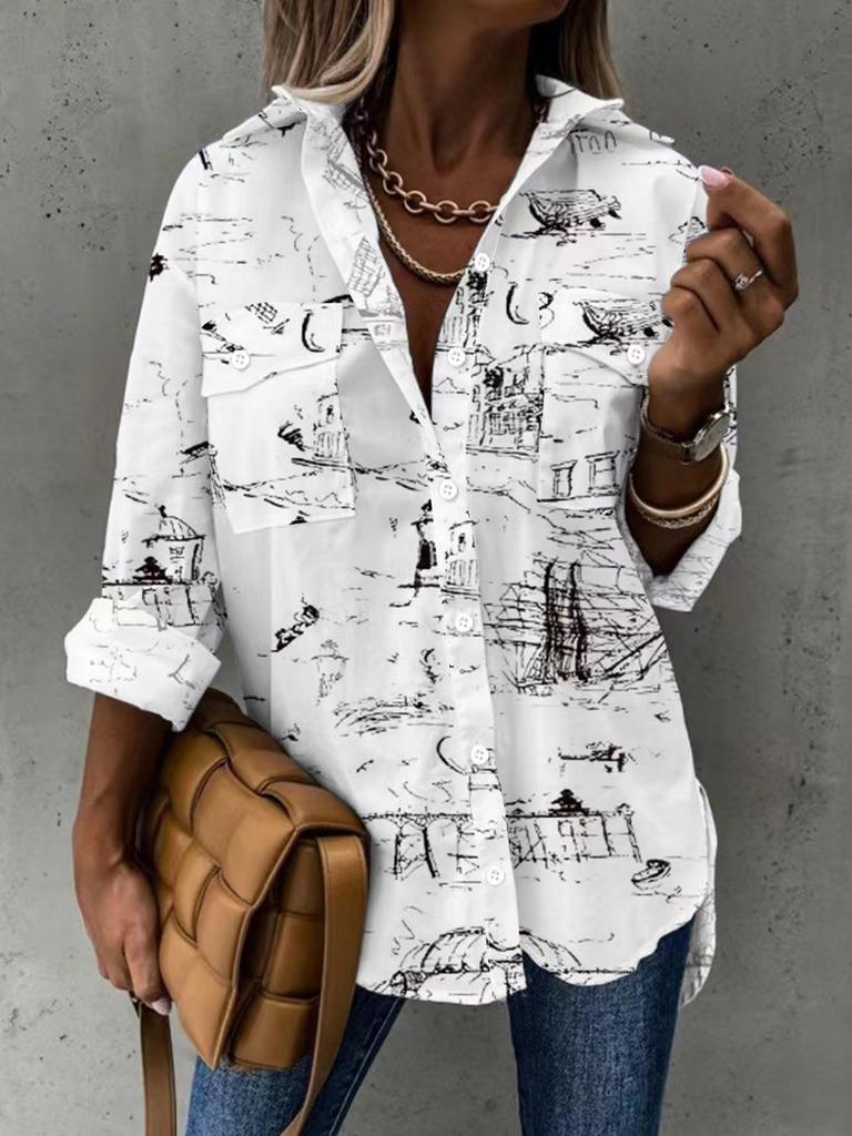 Landscape Pattern Long Sleeve Shirt With Pockets For Casual Wear