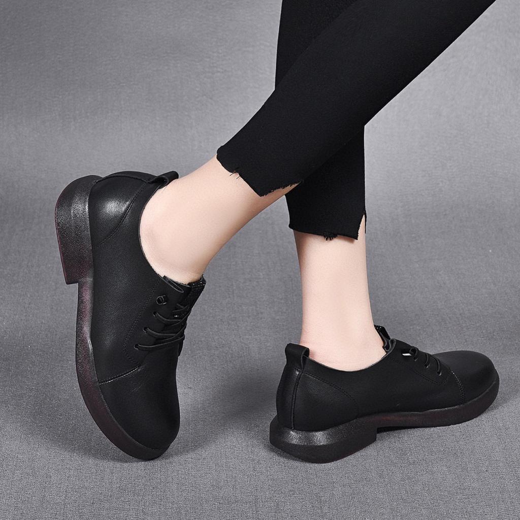 2025 spring and summer new first-layer cowhide flat-soled low-heeled single shoes round head rhinestone soft-soled soft-sided loafers small leather sh