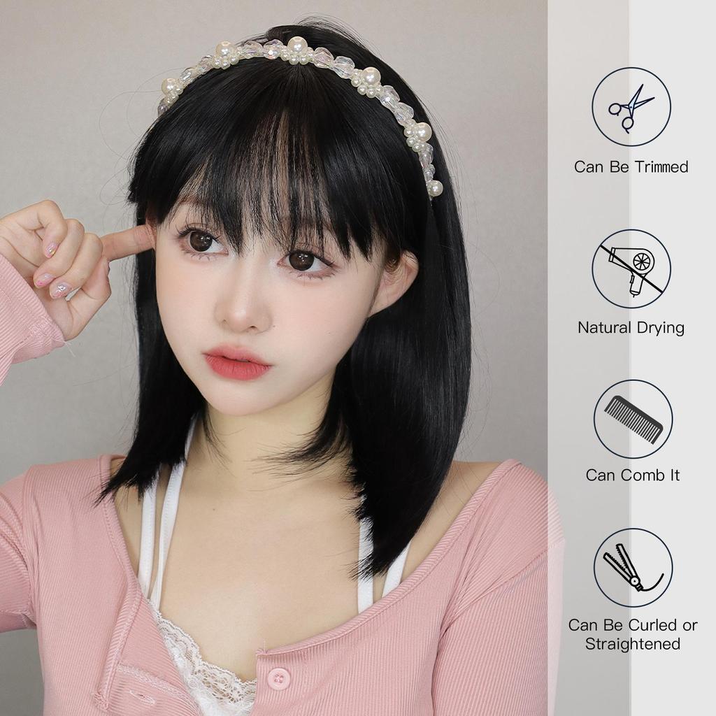 ALAN EATON Brown Highlight Bob Wigs with Bangs Short Straight Wig Natural Mixed Color Hair for Women Daily Party Synthetic Wig