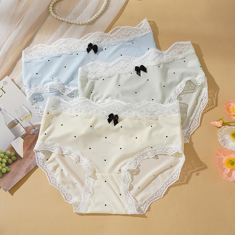 4PCS Women's Lace Panties M-XL Thin Sexy Ice Silk Briefs Dots Breathable Underwear Female Soft Intimates