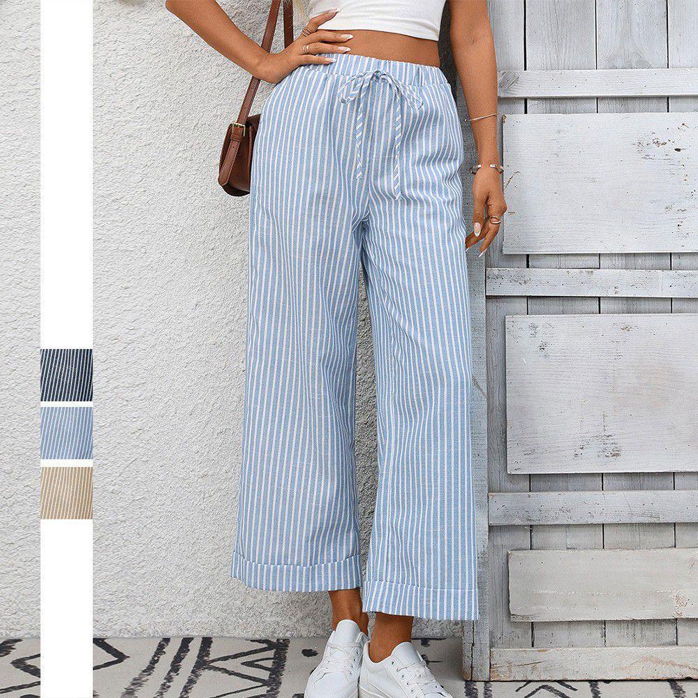 Women's High Waist Drawstring Wide Leg Pants Straight Fit Striped Casual Cropped Trousers
