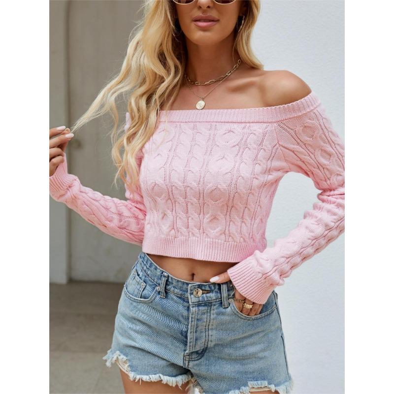 Women's Autumn and Winter Knitted Navel Short One-line Collar Slim Sweet Jumper