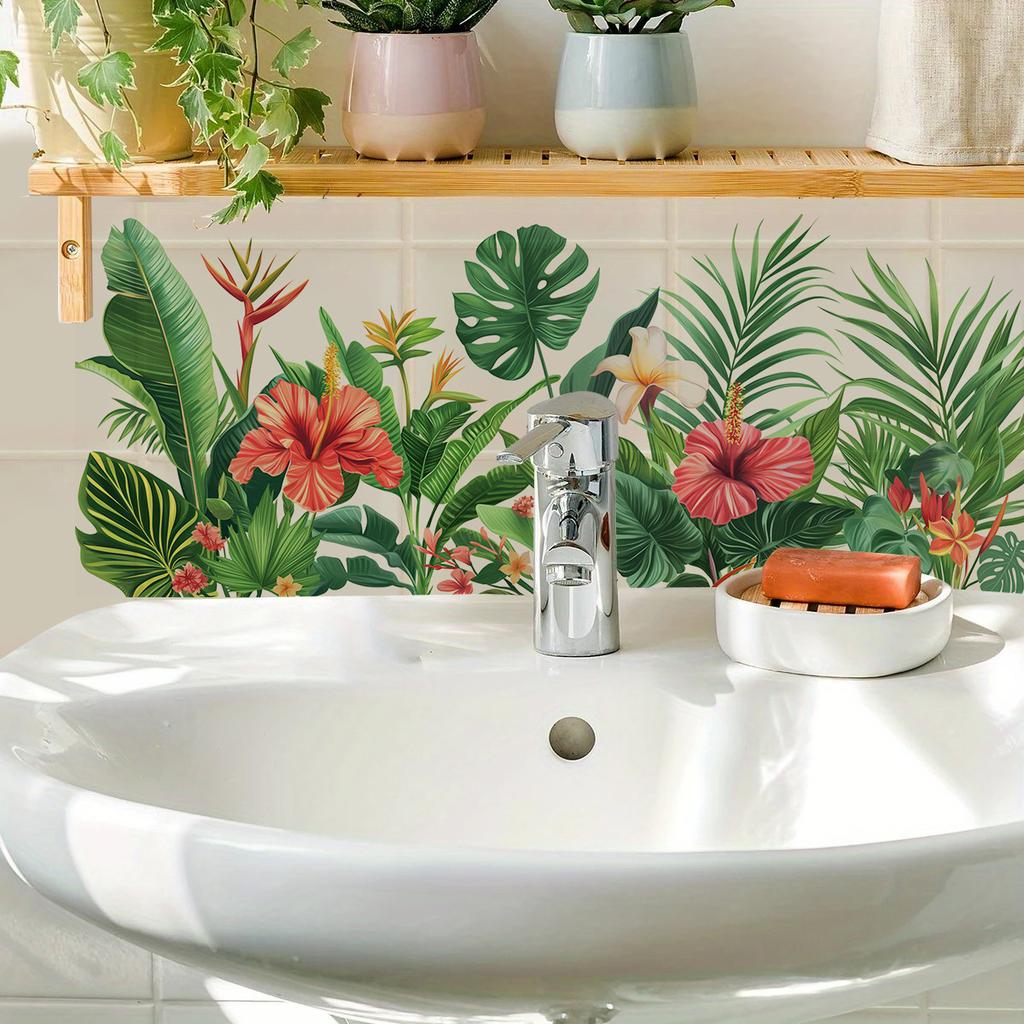 Tropical Green Plant Wall Stickers, Waterproof Wall Stickers, Turtle-back Bamboo, Hibiscus Flower Decorative Stickers